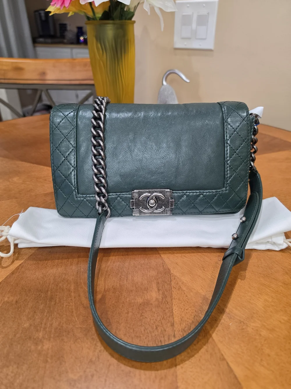 Chanel Boy Rare Green Quilted Lambskin Chain Shoulder Bag